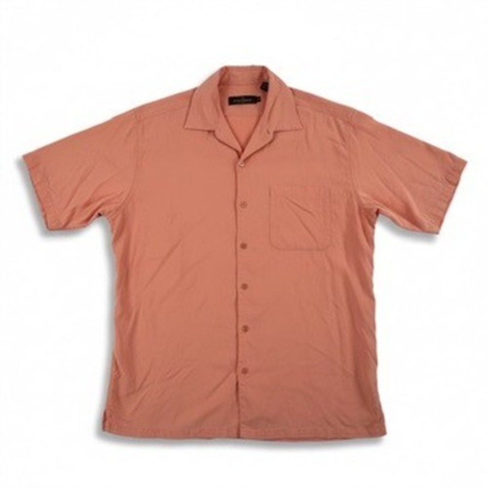 Bugatchi Men M Short Sleeve Shirt Men Salmon Pink Tencel Button Up Pocket Medium - Picture 14 of 14